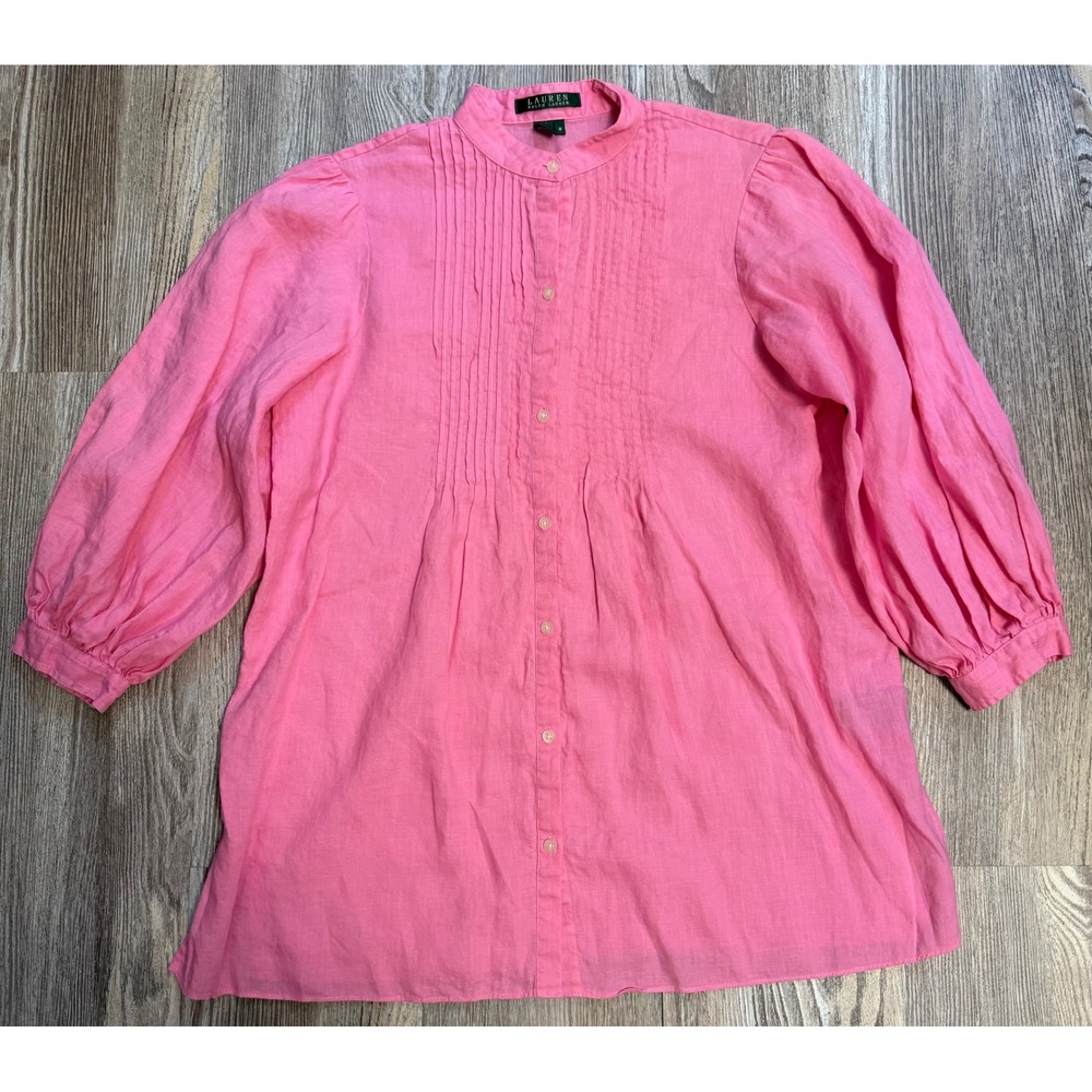 Lauren Ralph Lauren Pink 100% Linen Pintuck Bib Puff Sleeve Tunic Blouse M